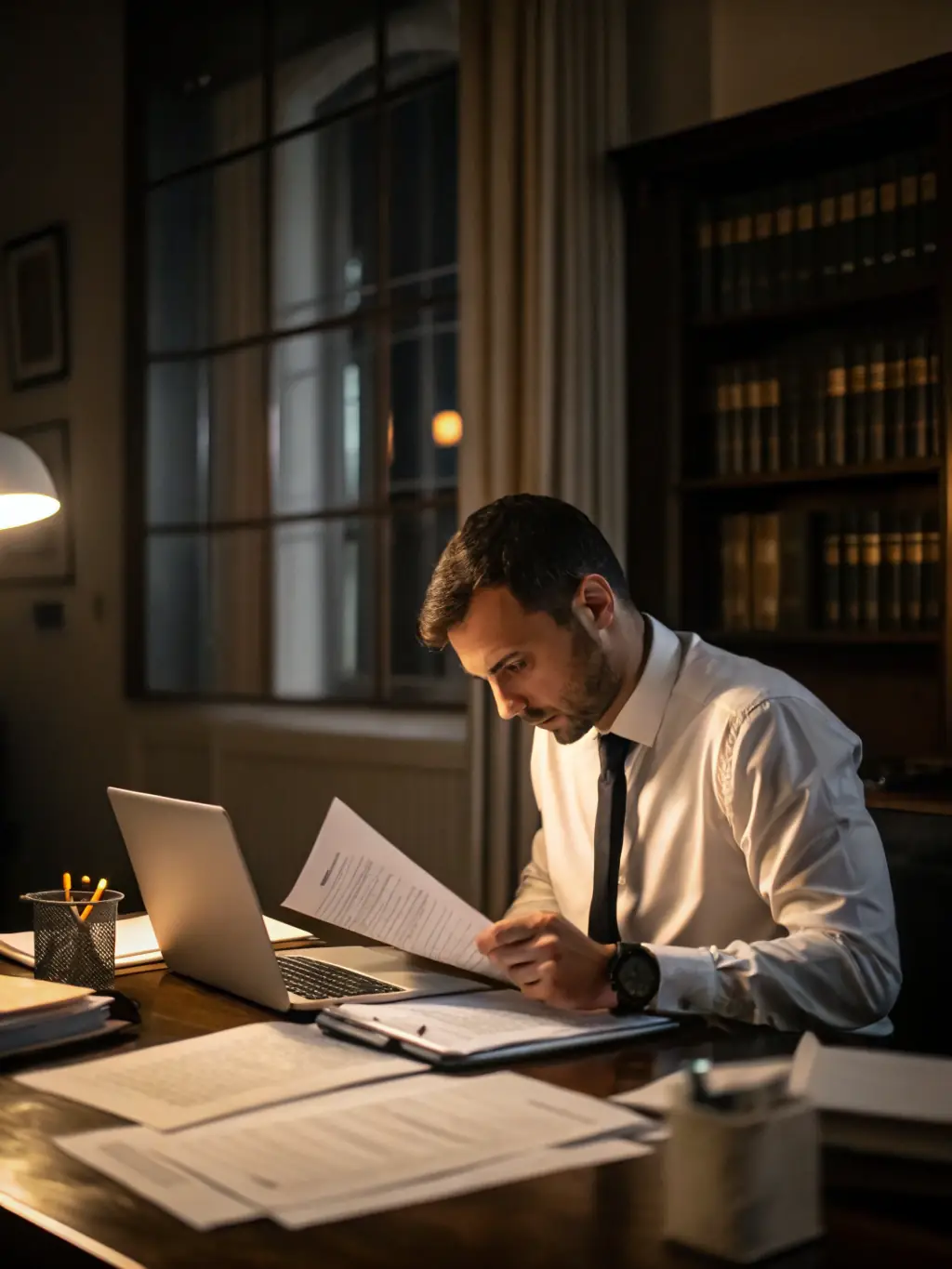 A professional tax preparer reviewing a client's financial documents in a well-lit office, emphasizing accuracy and attention to detail.