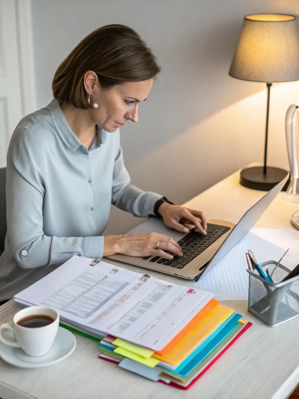 A tax professional working on tax returns with various forms and documents spread across the desk.