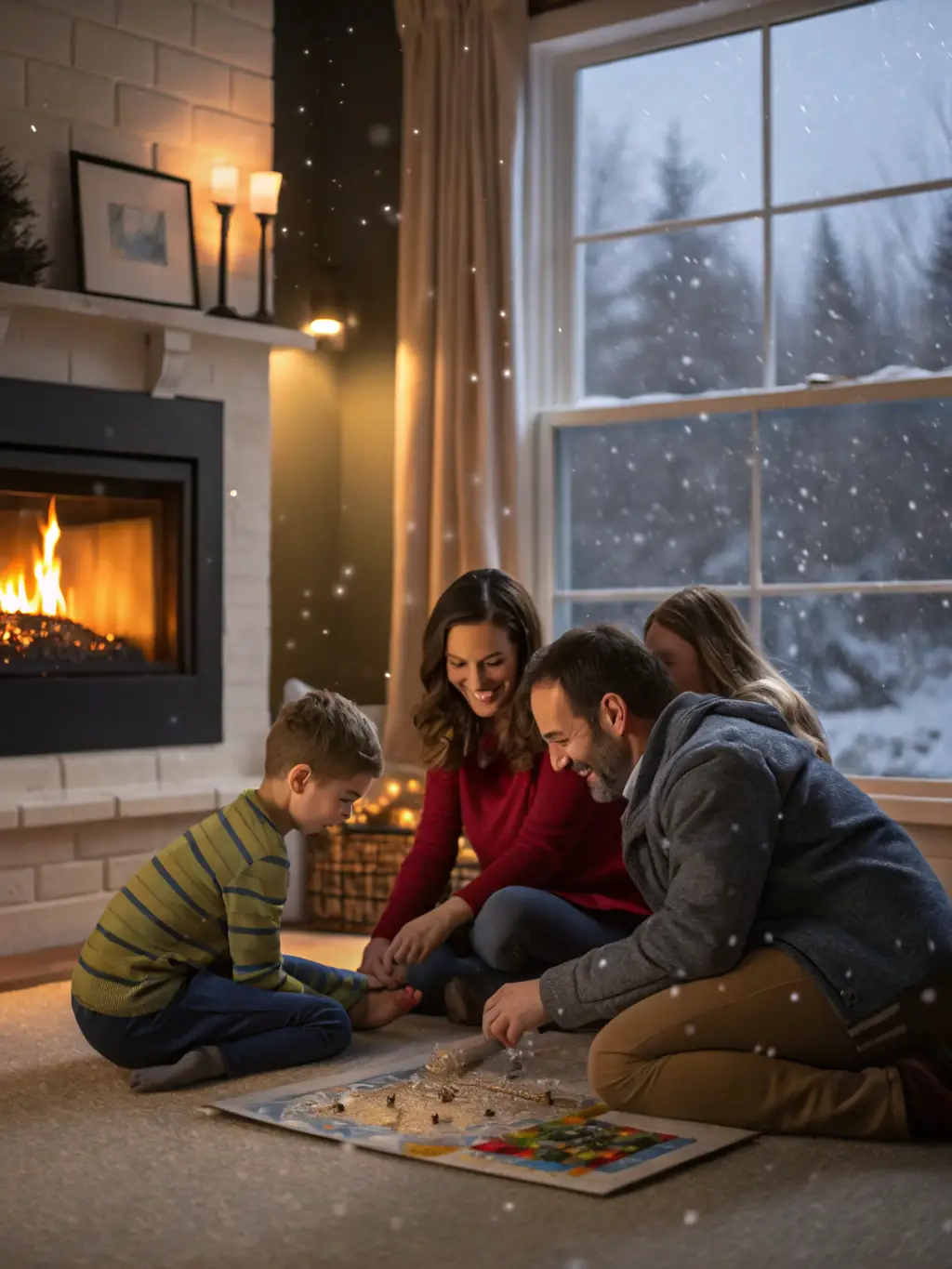 A cozy home interior with a family gathered around a fireplace, representing the security and protection offered by Jess Multiservices' home insurance policies.
