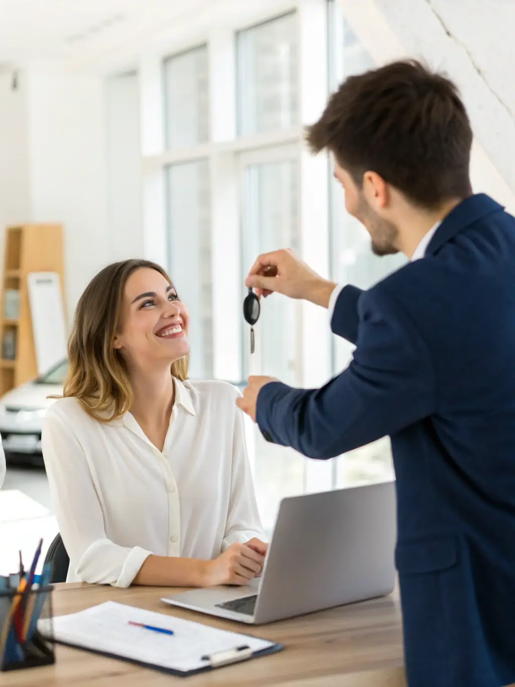 A friendly insurance agent handing a policy document to a smiling client in a bright, modern office setting, symbolizing trust and personalized service at Jess Multiservices.